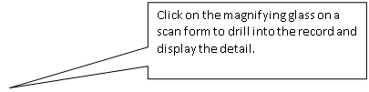 Rectangular Callout: Click on the magnifying glass on a scan form to drill into the record and display the detail.